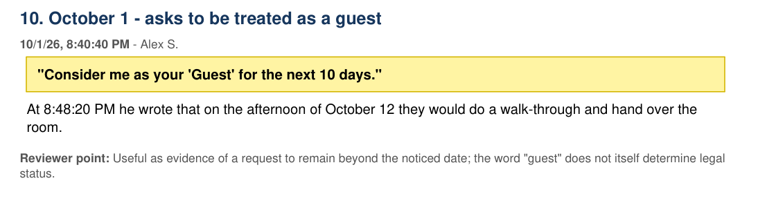 Rendered excerpt of the supplied holdover review packet showing the Guest message and surrounding context
